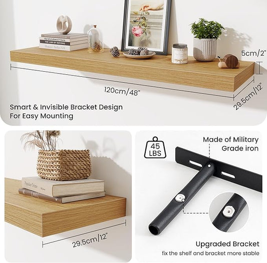 Fun Memories 48 Inch Floating Shelves for Wall - 12 Inch Deep Fireplace Mantel Shelf - Wood Floating Shelf for Wall - Large Storage Shelves Wall Mount for Living Room & Bedroom - Oak - Set of 2