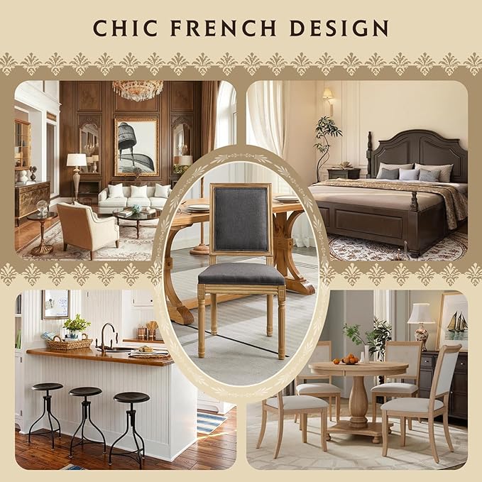 SoarFlash French Dining Chairs Set of 4, Vintage Dining Chairs with Rattan Backrest, Wooden Framehouse Chairs for Living Room, Kitchen, Restaurant, Grey