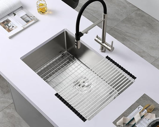 25 Inch Undermount Kitchen Sink, 304 Stainless Steel Single Bowl with Bottom Grid & Roll-Up Drying Rack, 9" Deep Handmade Utility Sink for Kitchen Laundry RV Outdoor (25"x18"x9")