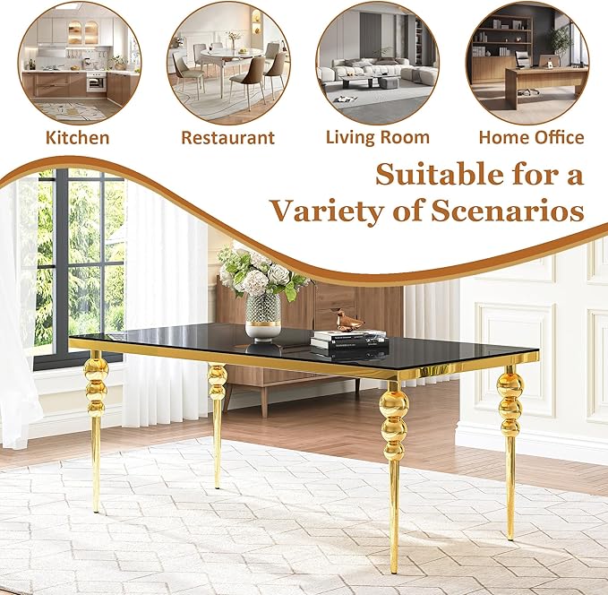 70 Inch Glass Dining Table for 6-8, Luxurious Rectangular Kitchen Table with Black Tempered Glass Top, Gold Stainless Steel Legs for Dining Room, Restaurant, Living Room