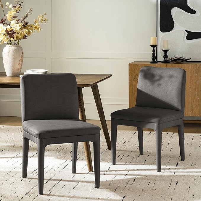 HULALA HOME Faux Leather Dining Chairs Set of 2, Morden Kitchen Chairs with Thick Cushion and Solid Wood Frame, Upholstered Accent Side Chair for Kitchen Dining Living Room Restaurant, Charcoal