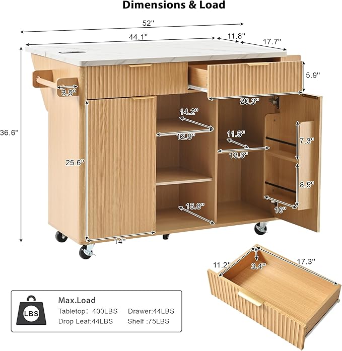 Merax Farmhouse 52 inch Rolling Kitchen Island on Wheels with Drop Leaf Table & Power Outlet, Wood Fluted Kitchen Cart on Wheels with Faux Marble Top, 2 Drawers & Cabinets, 52" Wide Natural