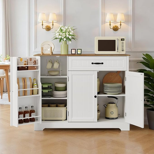 Ahomly Buffet Cabinet, Coffee Bar, Sideboard Cabinet with Internal Storage Shelf for Dining Room, Kitchen, Living Room, Kitchen and Laundry Room,White and Rustic