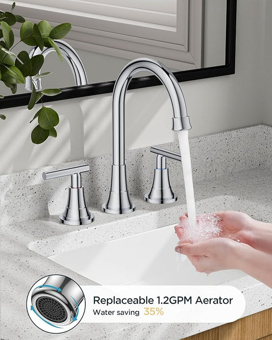 FORIOUS Chrome Bathroom Faucet Vanity 3 Holes, 8 Inch Widespread Polished Chrome Faucet for Bathroom Sink 3 Piece with Pop-up Drain and 360 Degree Swivel Spout, Silver Rv Lavatory Tap