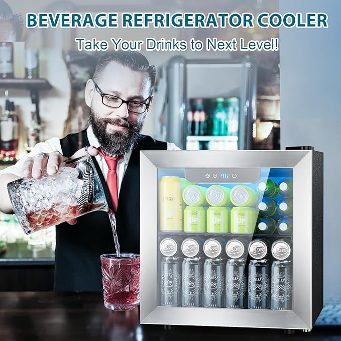 Electactic 48 Can Beverage Refrigerator,12 Bottle Wine Cooler with Stainless Steel Glass Door, Digital Temperature Display, Countertop Mini Fridge for Soda, Wine or Beer, Silver