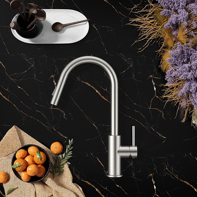 FORIOUS Brushed Nickel Kitchen Faucet with Pull Down Sprayer, Stainless Steel High Arc Gooseneck Modern Sink Faucet with CUPC Ceramic Cartridge, Single Handle and Deck Plate