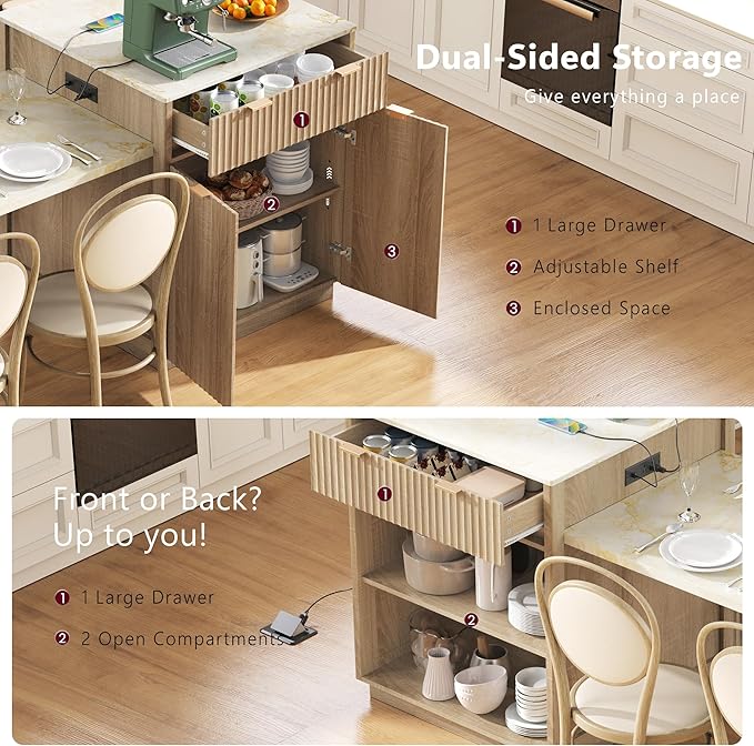 JIJIWANG 82.6" Fluted Kitchen Island with Extendable Dining Table for 4-6, Island Table for Kitchen with Power Outlet, Kitchen Table with Double-Side Storage, 2 Drawers 2 Side Open Shelves, Natural