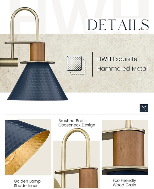 Rustic Wall Sconces Set of Two, HWH Indoor Wall Sconce 1-Light Barn Vanity Light, Hammered Barn Wall Lamp for Bathroom Bedroom Kitchen, Hammered Metal Shade, Navy Blue Finish, 5HZG74B-2L BL+BG