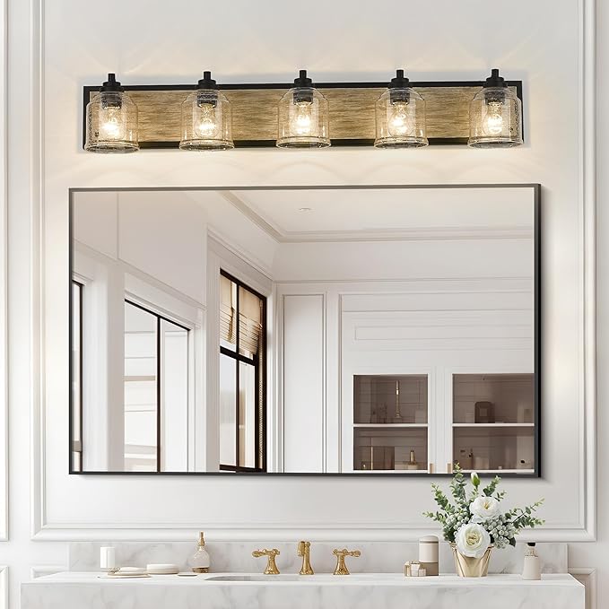 Vanity Lights for Bathroom Large 40", Farmhouse Rustic Vanity Light with Bubble Glass Shades, Gray 5 Light Bathroom Lighting Fixtures Over Mirror, Bath Wall Sconce Home Decor