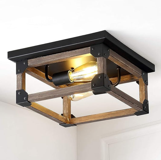 JONATHAN Y 13" Brown/Black 2-Light Iron Flush Mount, Square Open Frame Rustic Farmhouse Ceiling Light for Kitchen, Barnwood Finish, UL Listed, LED Bulbs Included JYL7480A