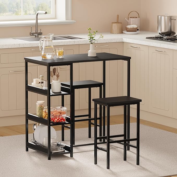 GarveeHome 3-Piece Kitchen Table Set with Storage Shelves & 2 Bar Stools - Iron and Wood Dining Table for Small Spaces, Apartments, Condos, Black