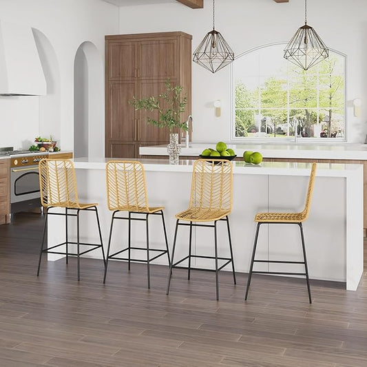 Rattan Bar Stools Set of 4, 26" Counter Height Barstools, Boho Kitchen Island Stools with Breathable Wicker Seat and Back, Yellow
