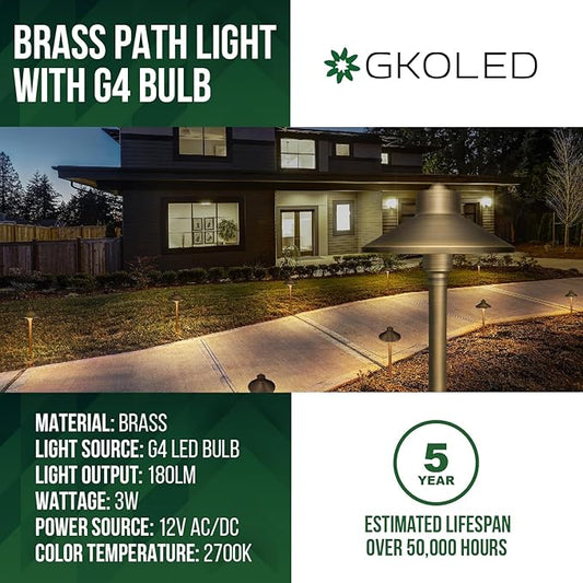 GKOLED Solid Brass Landscape Path Lights (6.7" Shade, 20" Tall), Low Voltage LED 3W 12-24V AC/DC China Hat Path Lighting, 2700K Outdoor Waterproof Walkway Light, with Stake and G4 Bulb, 6 Pack
