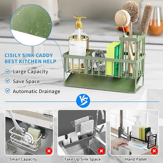 Cisily Kitchen Sink Caddy, Sponge Holder for Kitchen Sink, Kitchen Sink Organzier and Storage with High Brush Holder, 304 Stainless Gadgets Sink Accessories, Organizadores de Cocina Sage Green