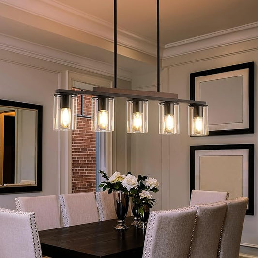 Mecgirn Farmhouse Dining Room Light Fixtures Over Table, Black Pendant Lights for Kitchen Island, 5 Light Linear Chandelier Lighting with Wood