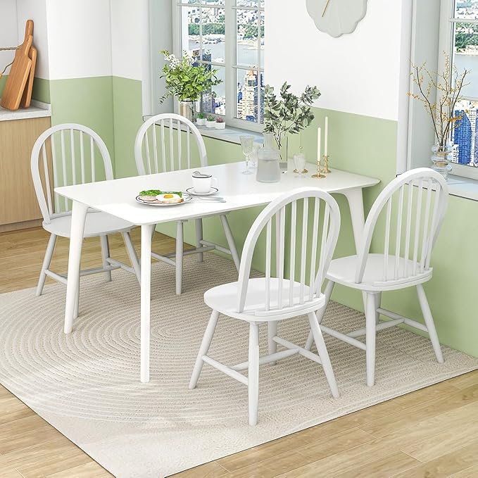 SIMOE White Windsor Dining Chairs Set of 4, Spindle Back Wood Kitchen Chairs with Solid Wood Legs, Mid-Century Modern Side Dining Chair for Living Dining Room, Restaurant