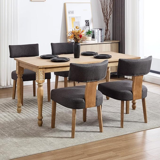 Mid Century Modern Dining Chairs, Upholstered Linen Fabric Chairs with Curved Backrest and Wood Legs, Comfy Kitchen Vanity Chairs for Dining Room/Living Room/Kitchen, Set of 2 Grey