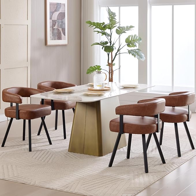 Modern Barrel Dining Chairs Set of 2, Brown PU Leather Upholstered Dining Room Chairs with Arms, Comfy Kitchen Chairs with Black Metal Legs for Dinner Living Room
