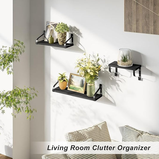 Love-KANKEI Floating Shelves Wall Mounted Rustic Wood Wall Shelves Set of 3 for Bedroom Living Room Bathroom Kitchen Black
