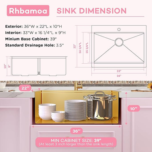 Rhbamoa 36 Inch Gold Farmhouse Sink,16-Gauge T304 Stainless Steel Drop in Kitchen Sinks,Gold Single Bowl Apron Front Kitchen Farm Sink,Deep Topmount Workstation Sinks with All Accessories