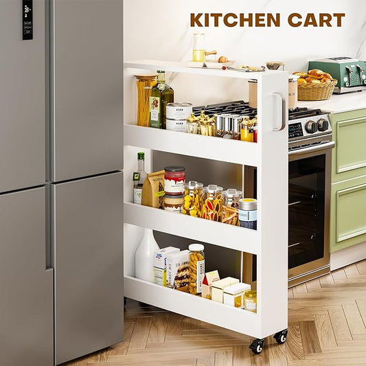 Slim Storage Cart, Lightweight 4 Tier Metal Rolling Utility Kitchen Cart on Wheels, Mobile Storage Shelving Unit Organizer for Bathroom Laundry Office Narrow Places (4 Tier-White, 6" D)