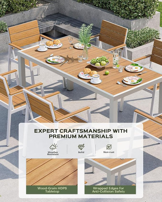Vexwalx Outdoor Dining Chairs Set of 2, HDPS + Aluminum Patio Dining Chairs with Ergonomic Design and Wide Seat, 2 Piece Outdoor Chairs for Garden, Backyard, Deck (White-Teak)