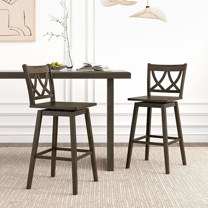 Giantex 29" Bar Stools Set of 2, Swivel Wooden Bar Chairs with Rubber Wood Frame, Footrest & Ergonomic Backrest, Bar Height Barstools for Kitchen Island, Restaurant & Pub, Dark Grey