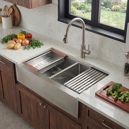 LQS Double Bowl Kitchen Sink, Undermount/Drop In Kitchen Sink, Double Bowl Stainless Steel Kitchen Sinks, 16 Gauge Stainless Steel Handmade Sinks (Stainless Steel, 28" x 22" x 10")