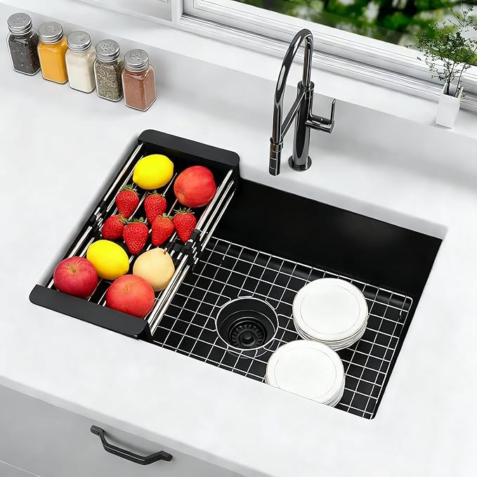 Black Kitchen Sink, Matte Black Granite Composite Kitchen Sinks with Accessories, 30 Inch Undermount Quartz Stone Kitchen Sinks, 30" x 19" x 9" Large and Deep Single Bowl Kitchen Sinks