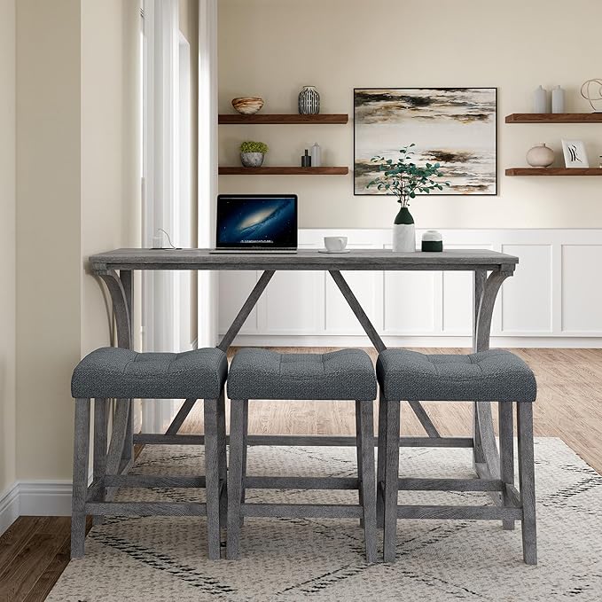 Bar Height Table and Chairs Set - 4-Piece Bar Table and Chairs for Kitchen, Dining Room, or Kitchen Island with Seating-Small Kitchen Table Set,Perfect as Dining Table with Chairs (Gray)