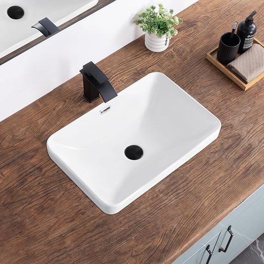 Bathroom Vessel Sink 21.6" X 14.3" Semi Recessed Bathroom Sink Rectangular Drop In Bathroom Sinks with Overflow White Ceramic Vessel Sinks for Bathroom Modern Above Counter Basin Vanity Sink