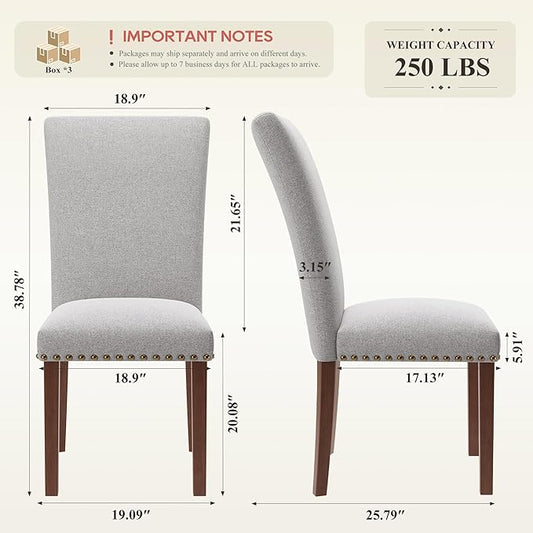 COLAMY Parsons Dining Chairs Set of 6, Upholstered Fabric Dining Room Kitchen Chair with Nailhead Trim and Wood Legs - Light Grey