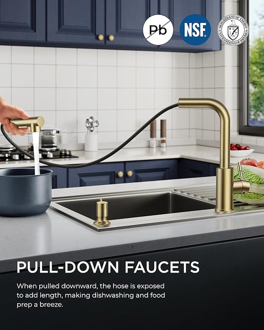 FORIOUS Gold Kitchen Faucet with Soap Dispenser, Stainless Steel Sink Faucet with Pull Out Sprayer Modern Single Handle Suitable for RV Bar Farhouse Laundry Outdoor