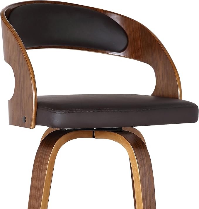 Armen Living Shelly 26" Seat Height Mid Century Modern Swivel Bar Stool for Kitchen Island Counter in Brown Faux Leather and Walnut Wood