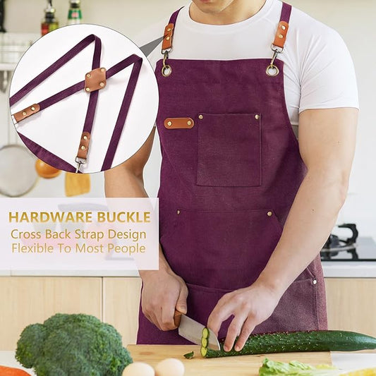 Aoomzoon Canvas Aprons for Men Chef Apron, Work Apron with Large Pockets - 16oz Heavy Duty Cross Back, BBQ, Cooking