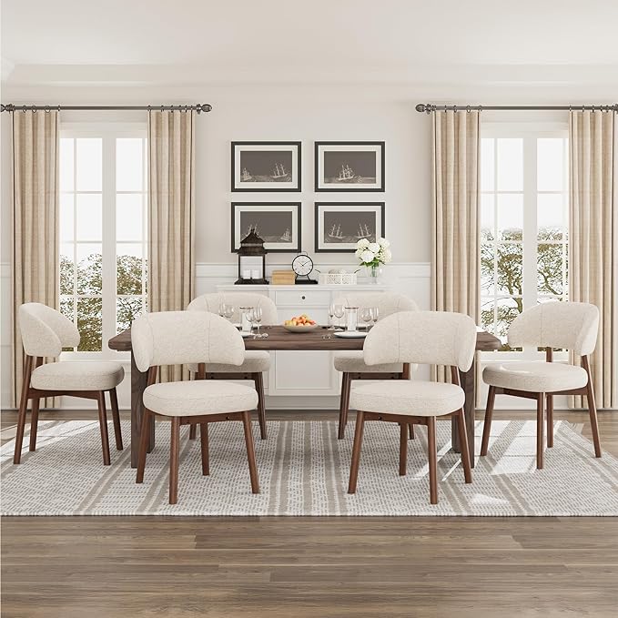 MALOL Wooden Dining Chairs Set of 6, Modern Upholstered Dining Room Chair, Fabric Kitchen Side Chairs with Curved Open Back for Living Room/Restaurant/Cafe, Beige
