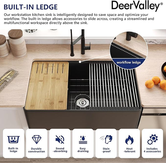 DeerValley Black Farmhouse Sink for Kitchen 33 inch, Fireclay Farmhouse Single Bowl Kitchen Sink, Front Apron Workstation Sinks with Grid, Strainer & Workstation Accessories