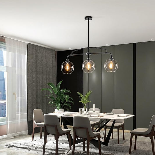 Modern Linear 3-Light Black Chandelier with Framed Arms, Industrial Kitchen Island Pendant Light Fixture with Clear Glass Globes, Ceiling Bar Lighting for Dining Table, Pool Table