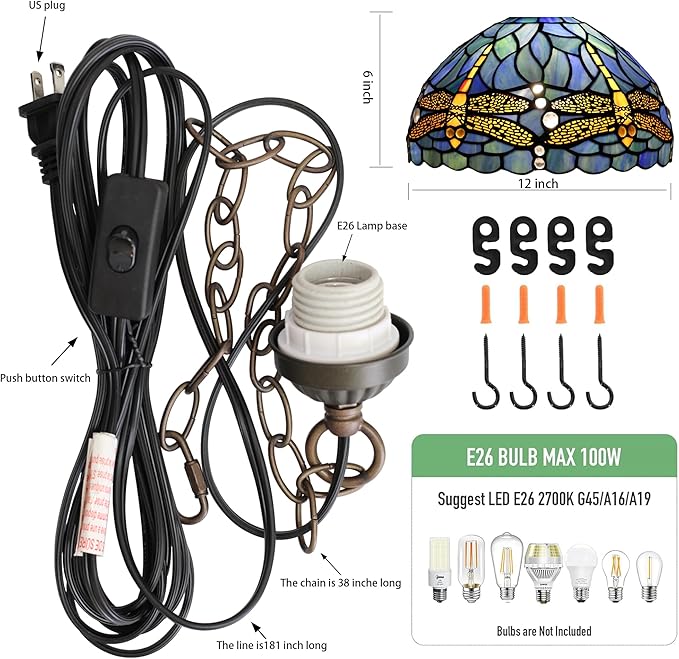 Tiffany Pendant Light Plug-in Stained Glass Hanging Lamp 12”x12”x181” Blue Dragonfly Swag Light Vintage Lamp Decorative Lighting for Dining Room Living Room Kitchen Hallway Bedroom