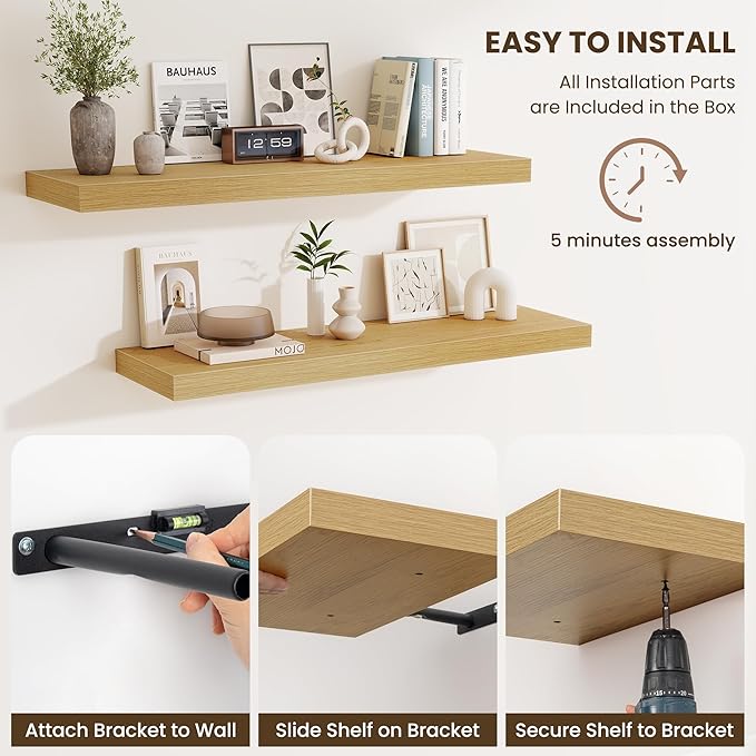 Fun Memories 48 Inch Floating Shelves for Wall - 10 Inch Deep Fireplace Mantel Shelf - Wood Floating Shelves for Wall - Large Storage Shelf Wall Mount for Living Room & Bedroom - Oak - Set of 1
