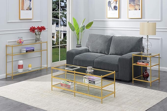 Convenience Concepts Royal Crest Glass Console Hall Table 42" - 3 Tier Modern, Contemporary Narrow Display Accent with Storage Shelves for Living Room, Entryway, Hallway, & Bedroom, Gold
