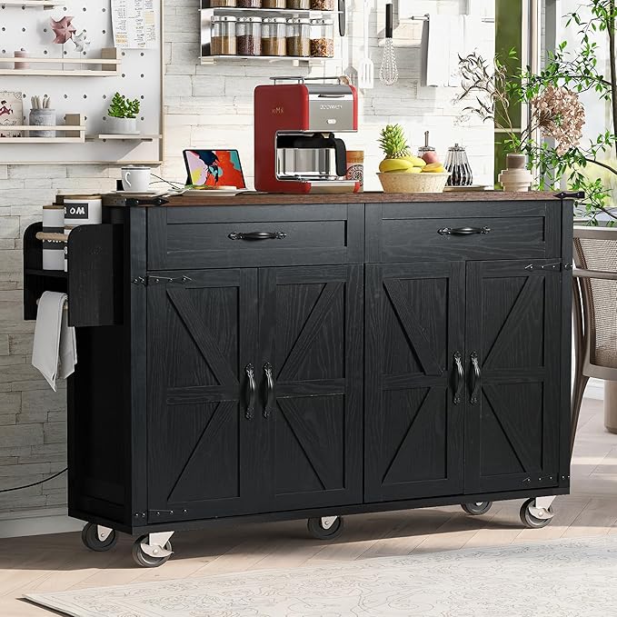 Merax 53.5" Upgraded Kitchen Cart Island on Wheels with Power Outlet,Drop Leaf,Farmhouse Wood Frame Storage Cabinet for Dining Room