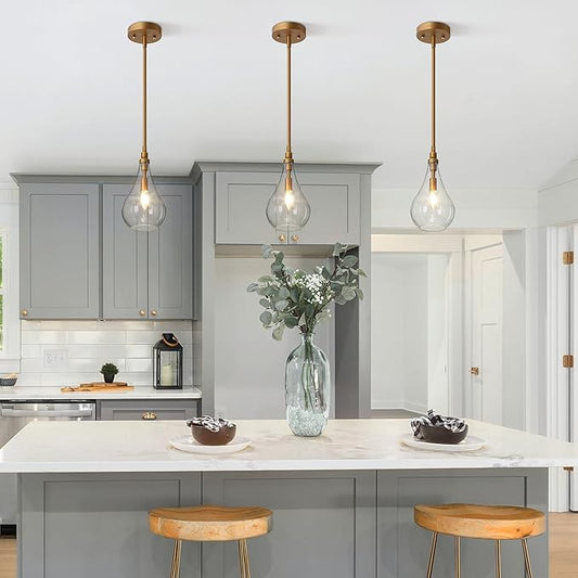 LALUZ Gold Pendant Light Kitchen Island Modern 1-Light Pendant Light Fixtures Adjustable Hanging Pendant Lighting with Teardrop Seeded Glass Shade