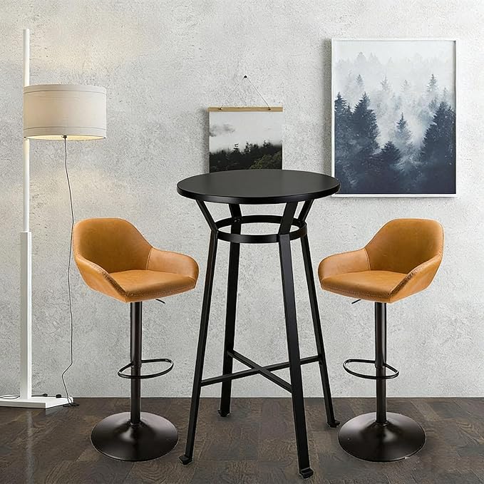Glitzhome Bar Table and Chairs Set, Round Black Steel Pub Table with Soild Elm Wood Top and Bar Height Adjustable Swivel PU Leather Bar Stool for Breakfast Nook Living Room Small Space Restaurant