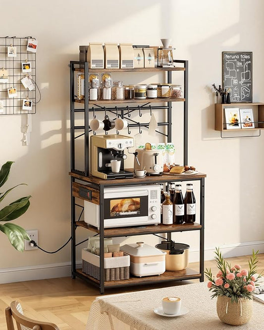 VEVOR Kitchen Bakers Rack with Power Outlets, 31.5 x 15.7 x 63.7Inch Microwave Stand with Built-in Power Strip & 5 Ft Cord, 12 S-Shaped Hooks, for Dish Storage, Spice Jars, Coffee Bar Organization