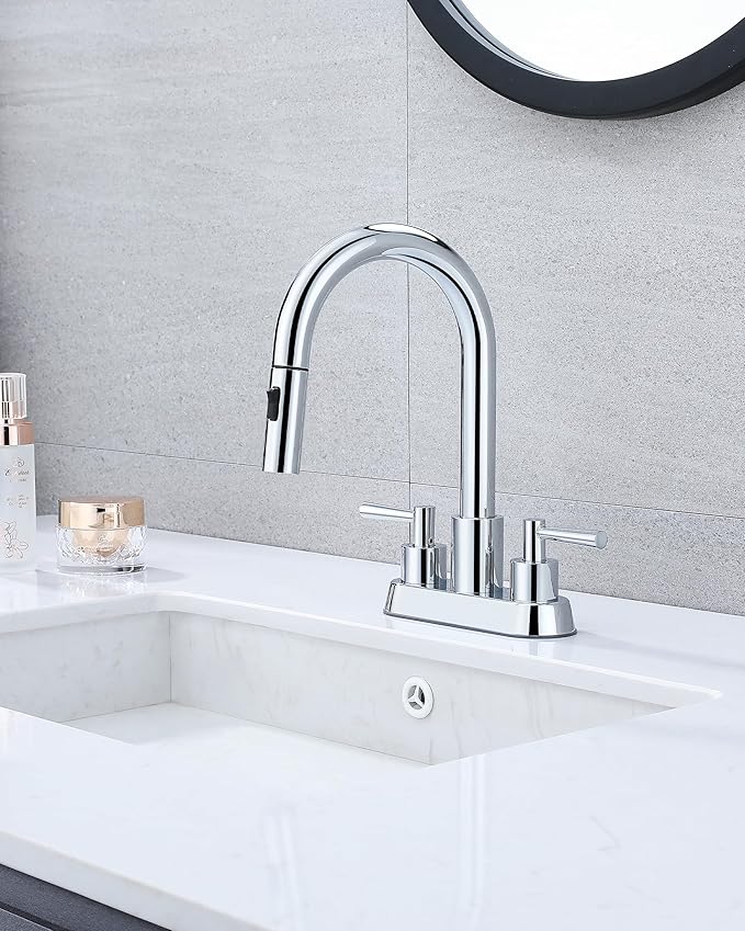 Bathroom Faucet with Pull Out Sprayer, Chrome Bathroom Faucet 3 Holes, 2 Handle Bathroom Sink Faucet with 360 Degree Swivel Spout, Pop Up Drain Assembly Included