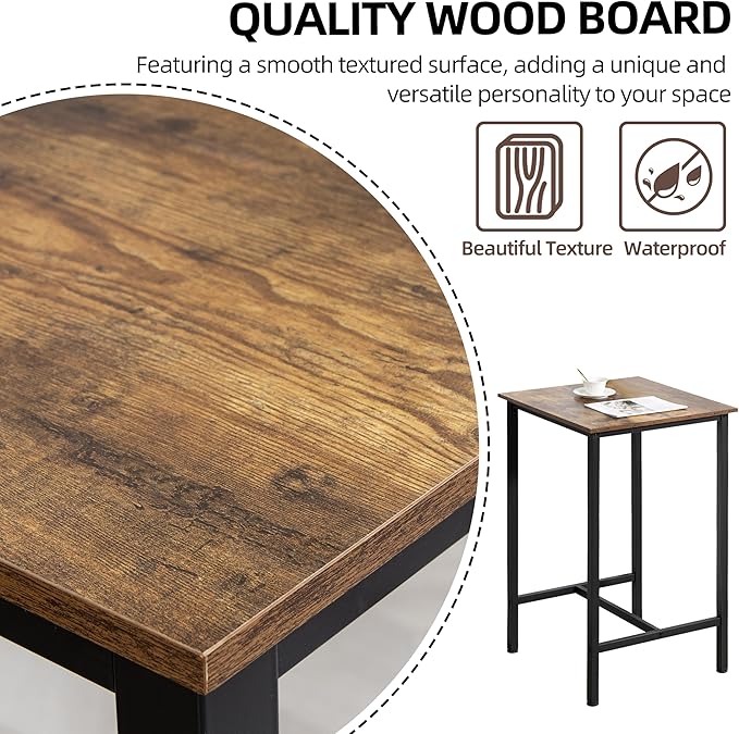 Finnhomy Bar Table, 23.6" Pub High Top, Square Bar Height, Counter Height Cocktail, Small Kitchen Set for 2, Breakfast for Kitchen, Living Room, Rustic Brown