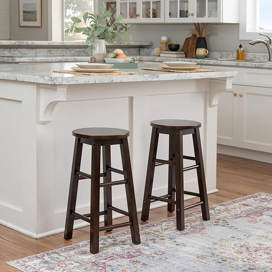 Linon Zeke Walnut Solid Wood Backless Round Counter Stool with 24 Inch Seat Height
