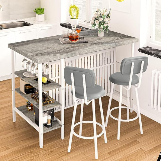 Recaceik Kitchen Island with Storage Small Dining Table for 2, Bistro Table and Chairs Set of 2 W/ 5 Shelves with PU Stools (Grey)