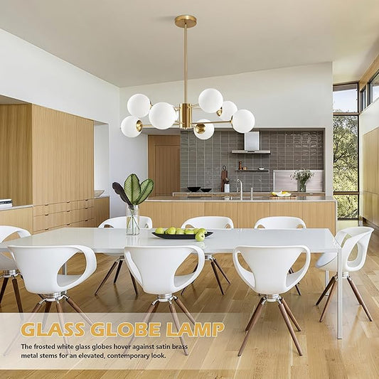 Bagood 8-Light Globe Sputnik Chandelier Gold Mid Century Modern Light Fixture Brushed Brass Finished with White Frosted Globe Glass Lampshade Sputnik Chandeliers for Dining Room Kitchen Island Bedroom